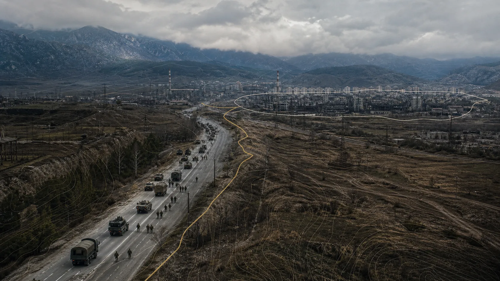 A tactical route marked across a large battlefield before deployment