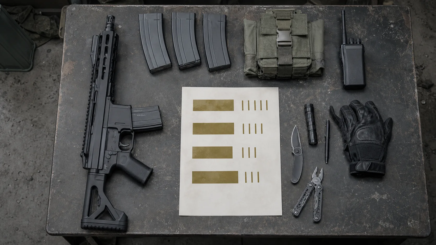 Weapons and field equipment arranged beside a spawn budget worksheet